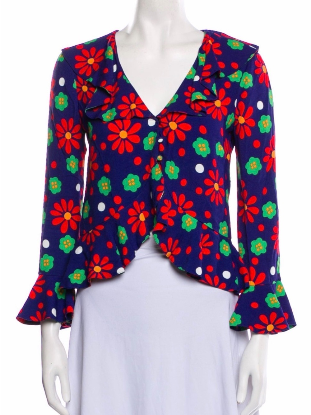 Saint Laurent Floral Ruffle V-Neck Top in Navy